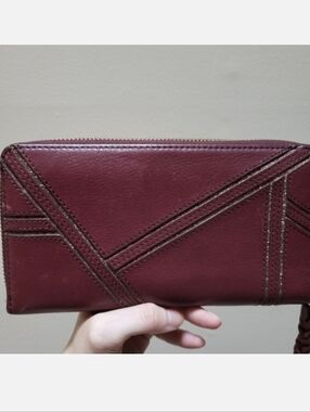 Fossil Leather Large Maroon Tri-Zippered Wallet